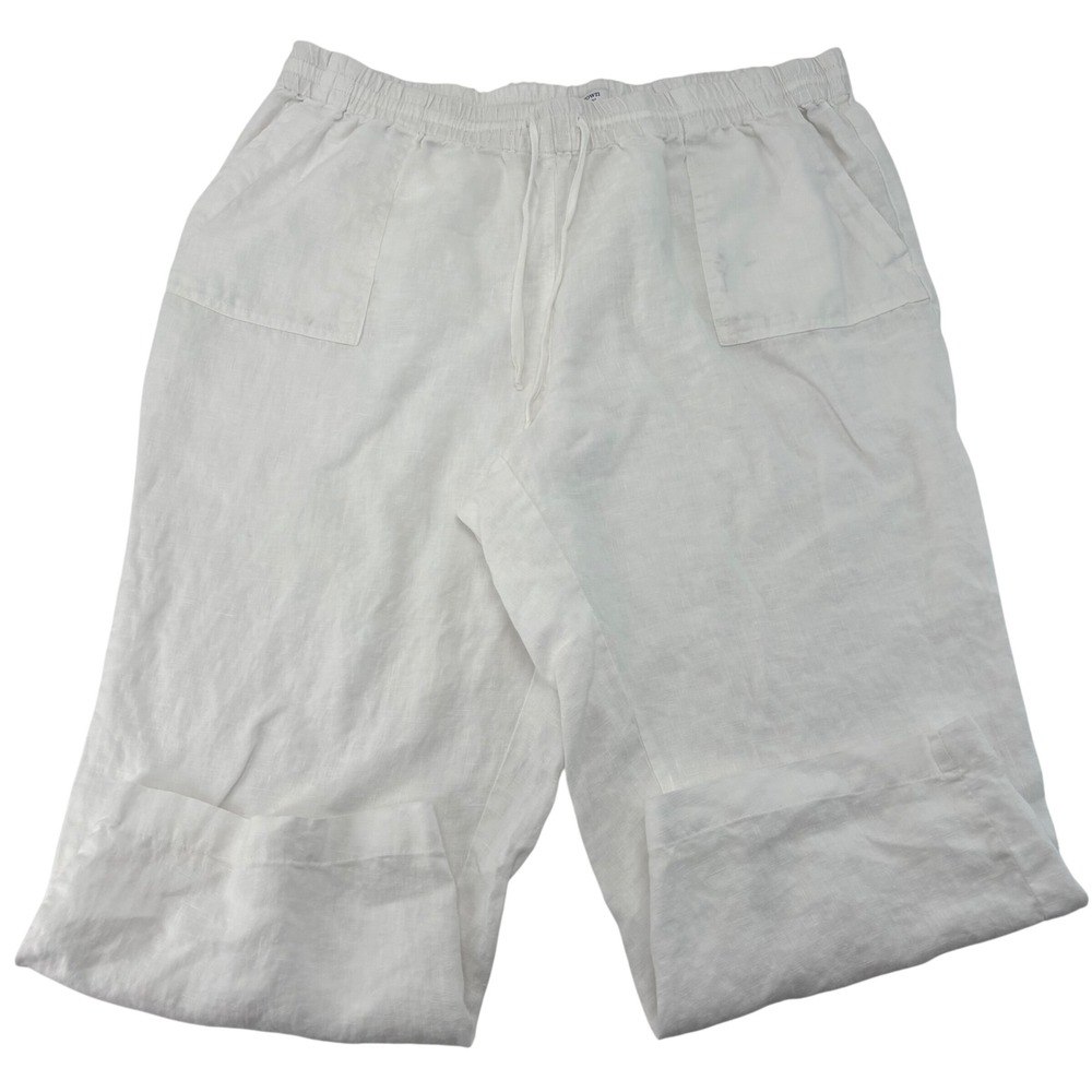 Crown & Ivy Beach White 100% Linen Drawstring Pants Petite PXL Pockets Summer